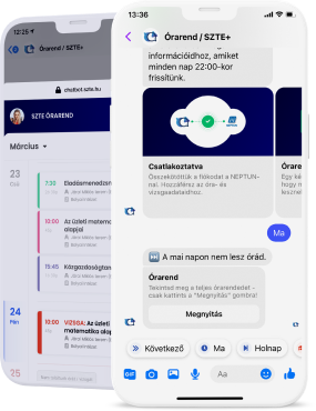 Órarend / SZTE+ Facebook Messenger chatbot, mobilra optimalizált egyetemi órarend, aktív Neptun kapcsolattal
